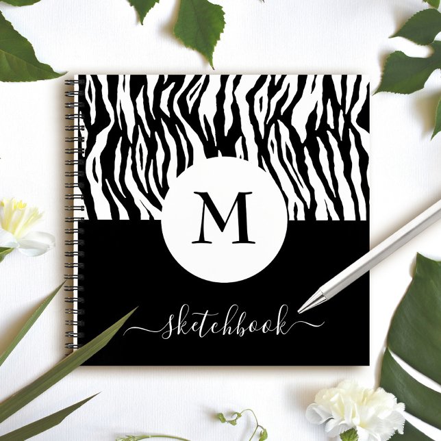 Chic Black White Zebra Print Monogram Sketchbook Notebook (Creator Uploaded)