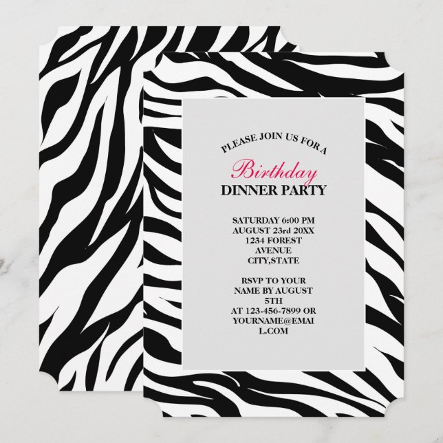 Chic black white zebra print safari birthday party invitation (Front/Back)