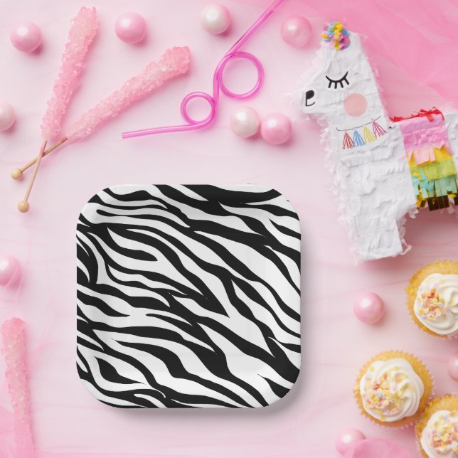 Chic black white zebra print safari birthday party paper plates (Party)