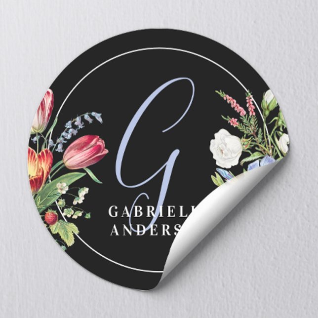Chic Black Wildflowers Floral Initial Monogram Classic Round Sticker (Creator Uploaded)