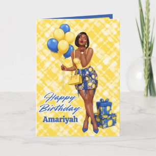 Chic Black Woman Blue & Yellow Lemon Birthday Card