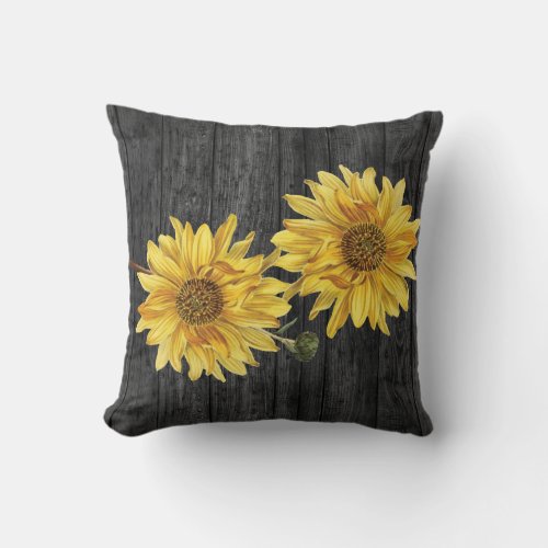 Chic Black Wood Grain and Sunflower Pillow