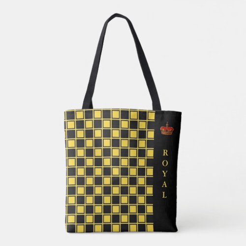 Chic black  yellow checkered  calligraphy tote bag