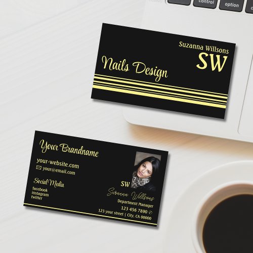 Chic Black Yellow Stripes with Monogram and Photo Business Card