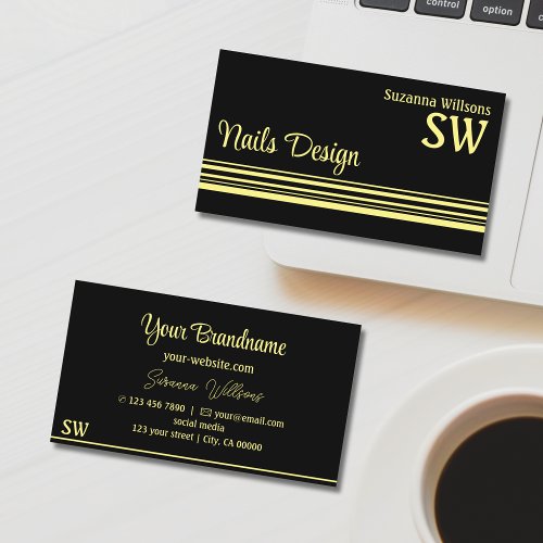 Chic Black Yellow Stripes with Monogram Stylish Business Card