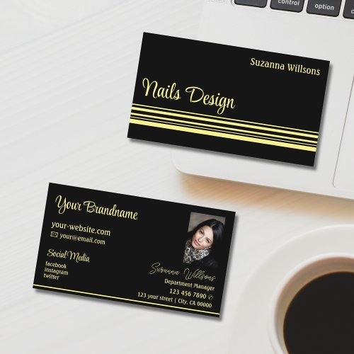 Chic Black Yellow Stripes with Photo Professional Business Card