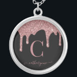 Chic BlackRose Gold Sparkle Glitter Drips Monogram Silver Plated Necklace<br><div class="desc">Girly Rose Gold Sparkle Glitter Drips Monogram Necklace with fashion faux blush pink/rose gold glitter drips on a chic black background with your custom monogram and name. Please contact us at cedarandstring@gmail.com if you need assistance with the design or matching products.</div>