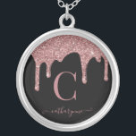 Chic BlackRose Gold Sparkle Glitter Drips Monogram Silver Plated Necklace<br><div class="desc">Girly Rose Gold Sparkle Glitter Drips Monogram Necklace with fashion faux blush pink/rose gold glitter drips on a chic black background with your custom monogram and name. Please contact us at cedarandstring@gmail.com if you need assistance with the design or matching products.</div>
