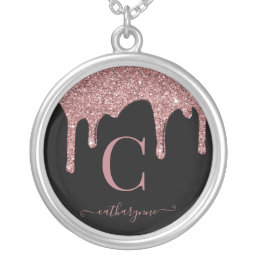 Chic BlackRose Gold Sparkle Glitter Drips Monogram Silver Plated Necklace