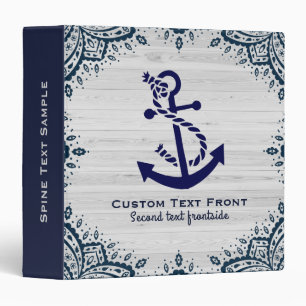 Chic Bleached Wood & Navy-Blue Boat Anchor 3 Ring Binder