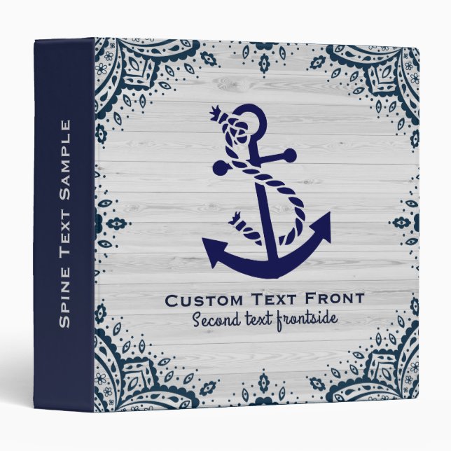 Chic Bleached Wood & Navy-Blue Boat Anchor 3 Ring Binder (Front/Spine)