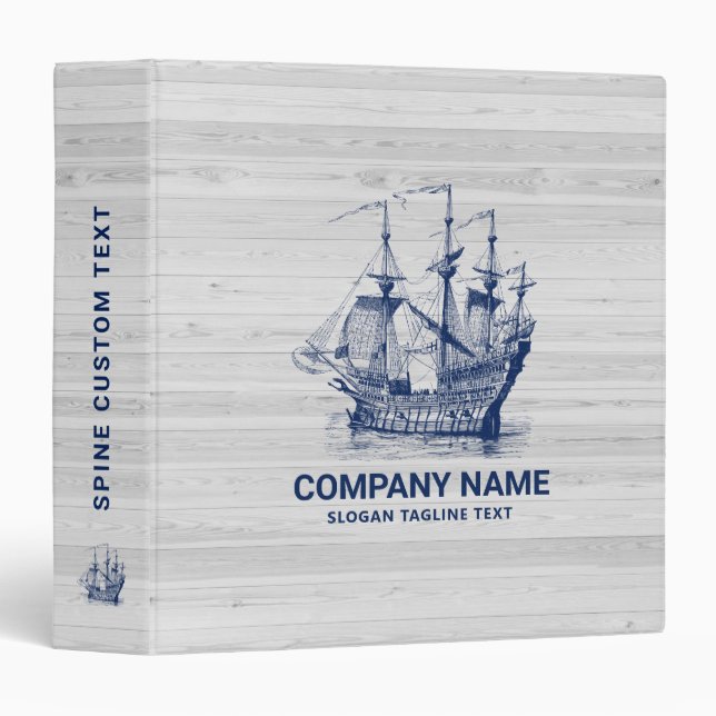 Chic Bleached Wood & Navy-Blue Wind Sailing Boat 3 Ring Binder (Front/Spine)