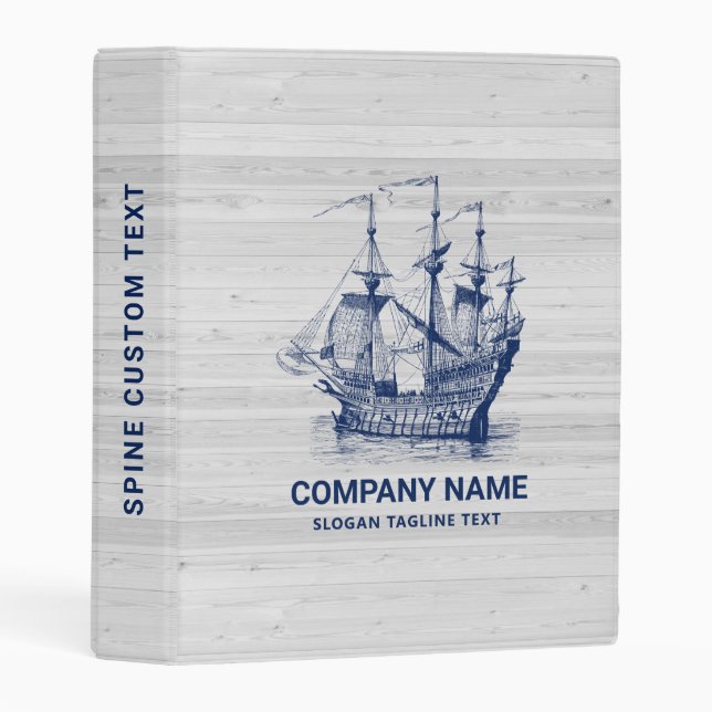 Chic Bleached Wood & Navy-Blue Wind Sailing Boat Mini Binder (Front/Spine)