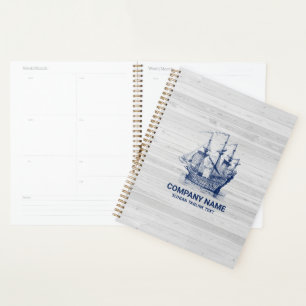 Chic Bleached Wood & Navy-Blue Wind Sailing Boat Planner