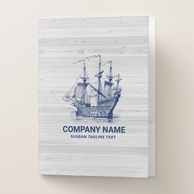 Chic Bleached Wood & Navy-Blue Wind Sailing Boat Pocket Folder (Front)