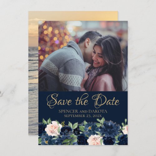 Chic Bloom  Dark Navy Blue and Blush Pink 2 Photo Save The Date