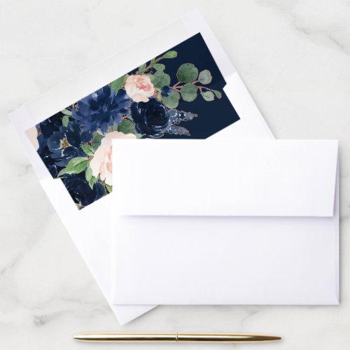 Chic Bloom  Dark Navy Blue and Blush Pink Bouquet Envelope Liner