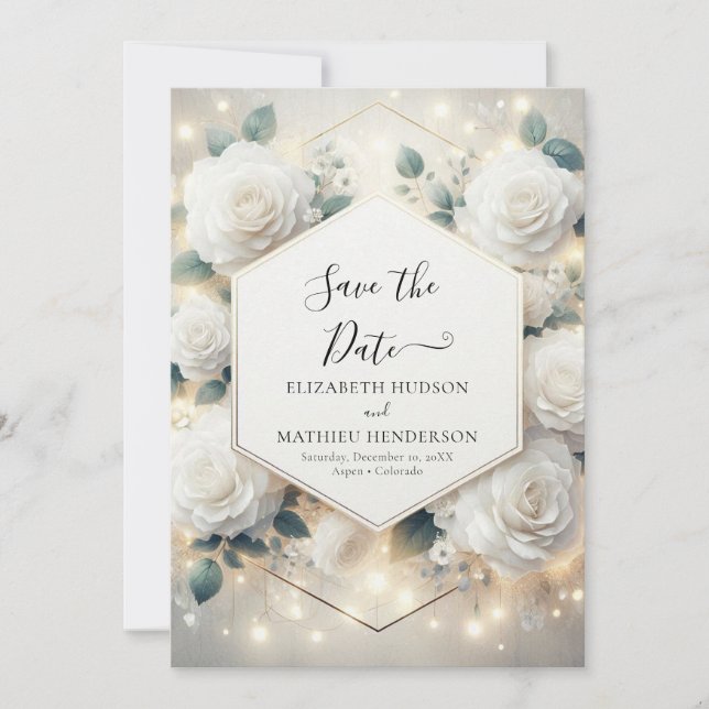 Chic Bloom White Roses Wedding Save The Date (Front)