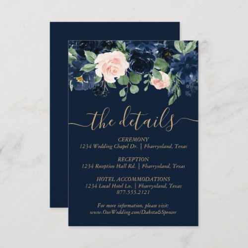 Chic Blooms  Dark Navy and Blush Guest Details Enclosure Card