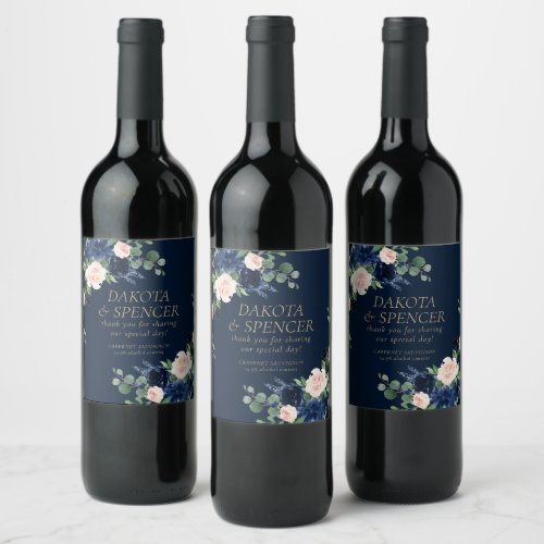 Chic Blooms  Dark Navy and Blush Save the Date Wine Label