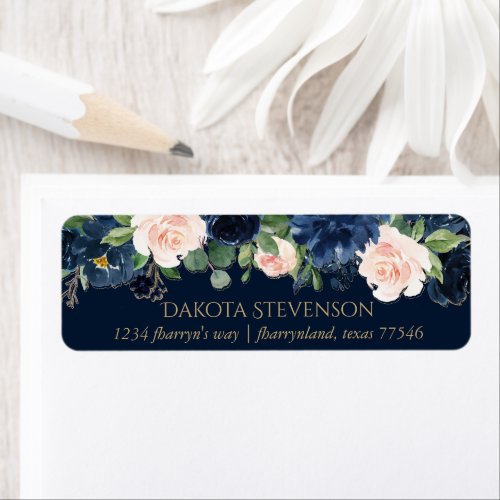 Chic Blooms  Dark Navy Blue and Blush Address Label