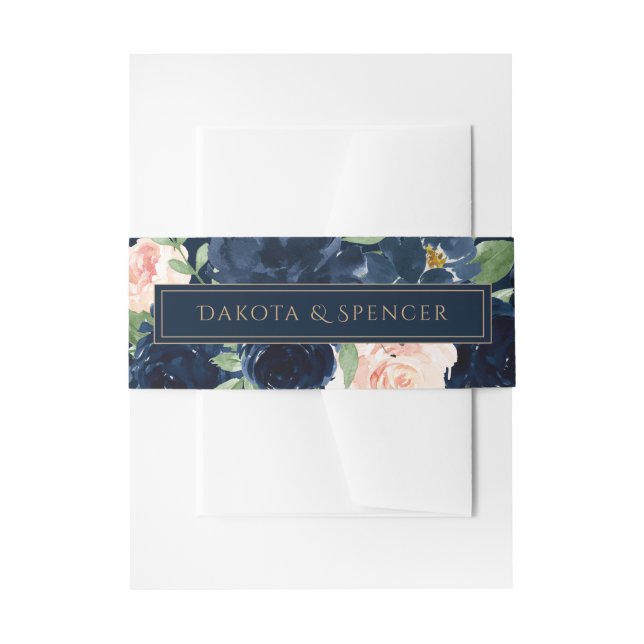 Chic Blooms | Dark Navy Blue and Blush Bouquet Invitation Belly Band (Front Example)