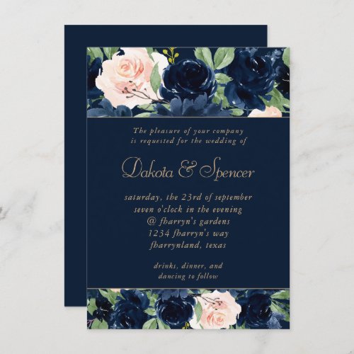 Chic Blooms  Dark Navy Blue and Blush Garland Invitation