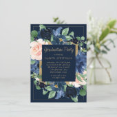 Chic Blooms | Dark Navy Blue and Blush Graduation Invitation (Standing Front)