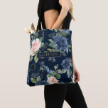 Chic Blooms | Dark Navy Blue and Blush Monogram Tote Bag<br><div class="desc">Romantic navy blue and blush pink hand-painted watercolor floral embellished by botanical laurel and dark blue accents. From the "Boho Bloom" collection, this gorgeous layout presents your details in a stylish hand-lettered script and a rich Bohemian wildflower bouquet with radiant flower blooms and eucalyptus greenery foliage. For other colors or...</div>