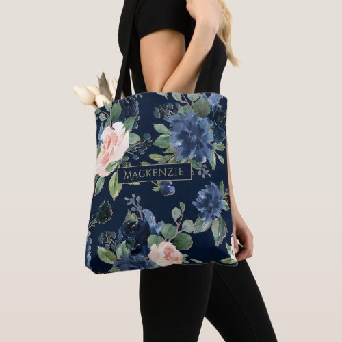 Chic Blooms  Dark Navy Blue and Blush Monogram Tote Bag