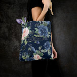 Chic Blooms | Dark Navy Blue and Blush Monogram Tote Bag<br><div class="desc">Romantic navy blue and blush pink hand-painted watercolor floral embellished by botanical laurel and dark blue accents. From the "Boho Bloom" collection, this gorgeous layout presents your details in a stylish hand-lettered script and a rich Bohemian wildflower bouquet with radiant flower blooms and eucalyptus greenery foliage. For other colors or...</div>