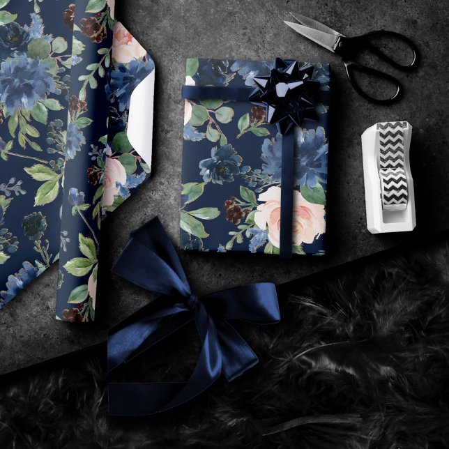 Chic Blooms | Dark Navy Blue and Blush Pattern Wrapping Paper (Creator Uploaded)