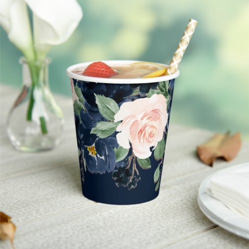 Chic Blooms  Dark Navy Blue and Blush Pink Floral Paper Cups