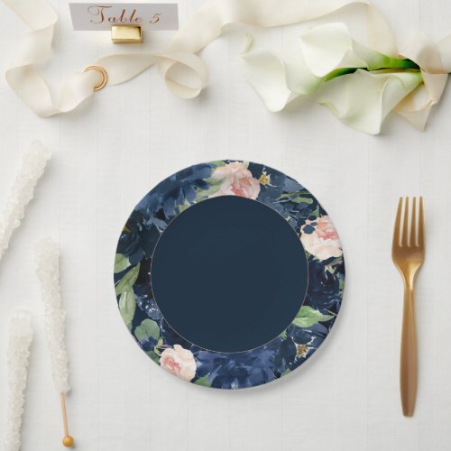 Chic Blooms  Dark Navy Blue and Blush Pink Floral Paper Plates