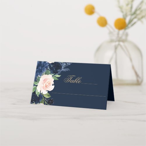 Chic Blooms  Dark Navy Blue and Blush Pink Floral Place Card
