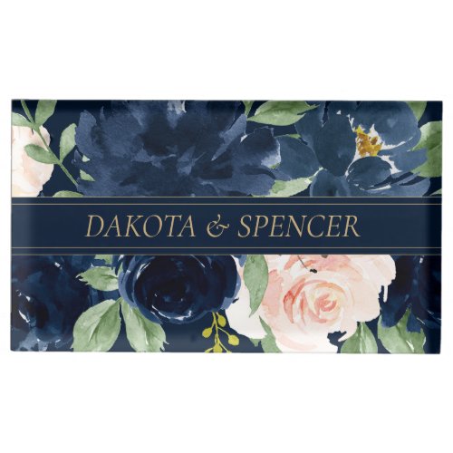 Chic Blooms  Dark Navy Blue and Blush Pink Floral Place Card Holder