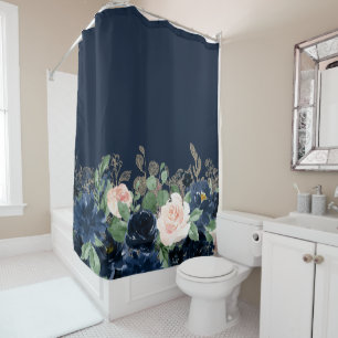Chic Blooms Dark Navy Blue and Blush Pink Rose Shower Curtain