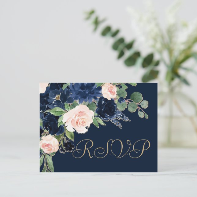 Chic Blooms | Dark Navy Blue and Blush Pink RSVP Postcard (Standing Front)