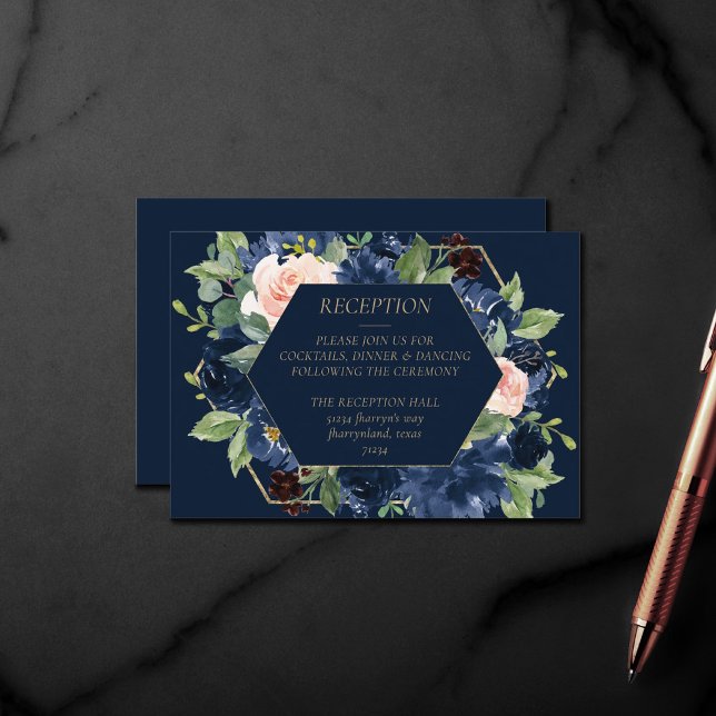 Chic Blooms | Dark Navy Blue and Blush Reception Enclosure Card (Creator Uploaded)