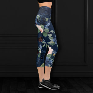 Chic Blooms   Dark Navy Blue and Blush Shimmer Capri Leggings