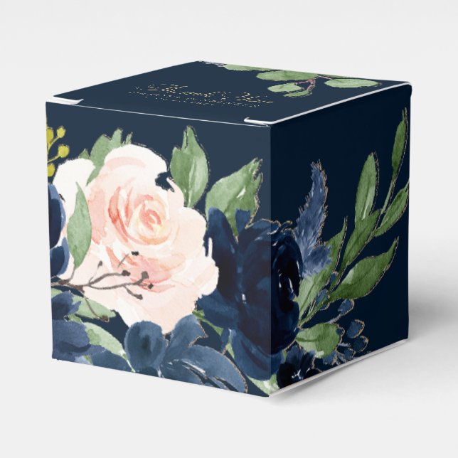 Chic Blooms | Dark Romantic Navy Blue and Blush Favor Boxes (Front Side)