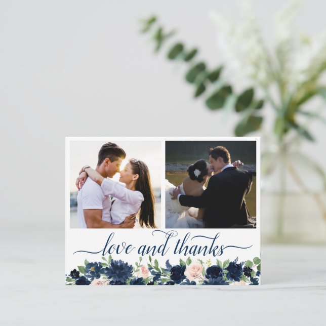 Chic Blooms | Navy and Blush 2 Photo Thank You Postcard (Standing Front)