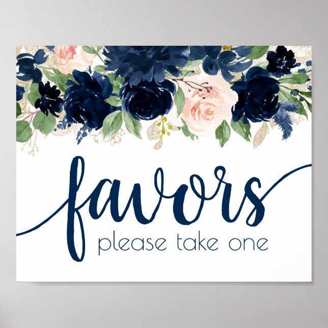 Chic Blooms | Navy and Blush Floral Favors Poster (Front)