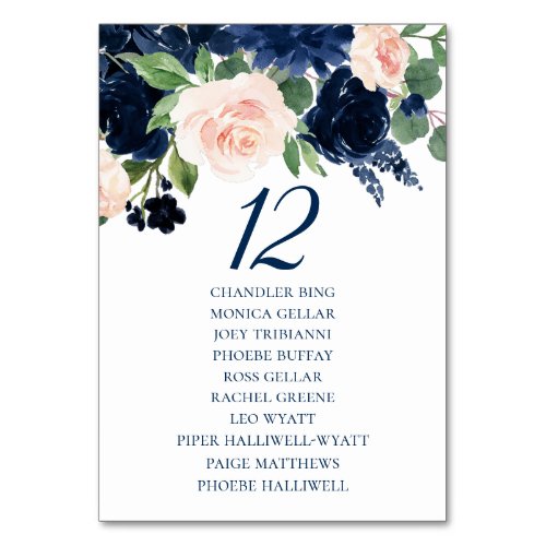 Chic Blooms  Navy and Blush Floral Guest Names Table Number