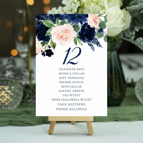 Chic Blooms  Navy and Blush Floral Guest Names Table Number