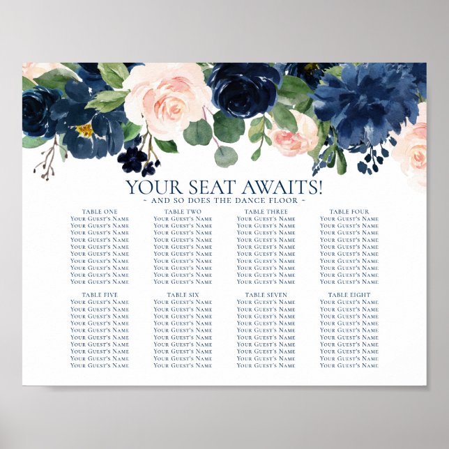 Chic Blooms | Navy and Blush Floral Seating Chart (Front)