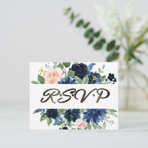 Chic Blooms  Navy and Blush Garland Entree RSVP Postcard