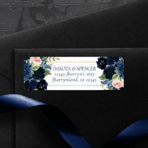 Chic Blooms Navy and Blush Pink Bouquet Address Label