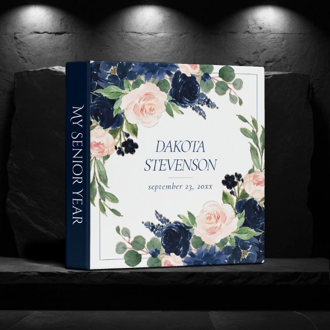 Chic Blooms | Navy and Blush Rose Graduation Album 3 Ring Binder (Creator Uploaded)