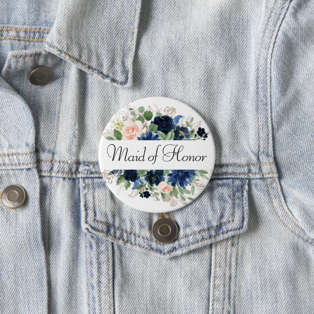 Chic Blooms | Navy Blue and Blush Bridal Party Button (In Situ)